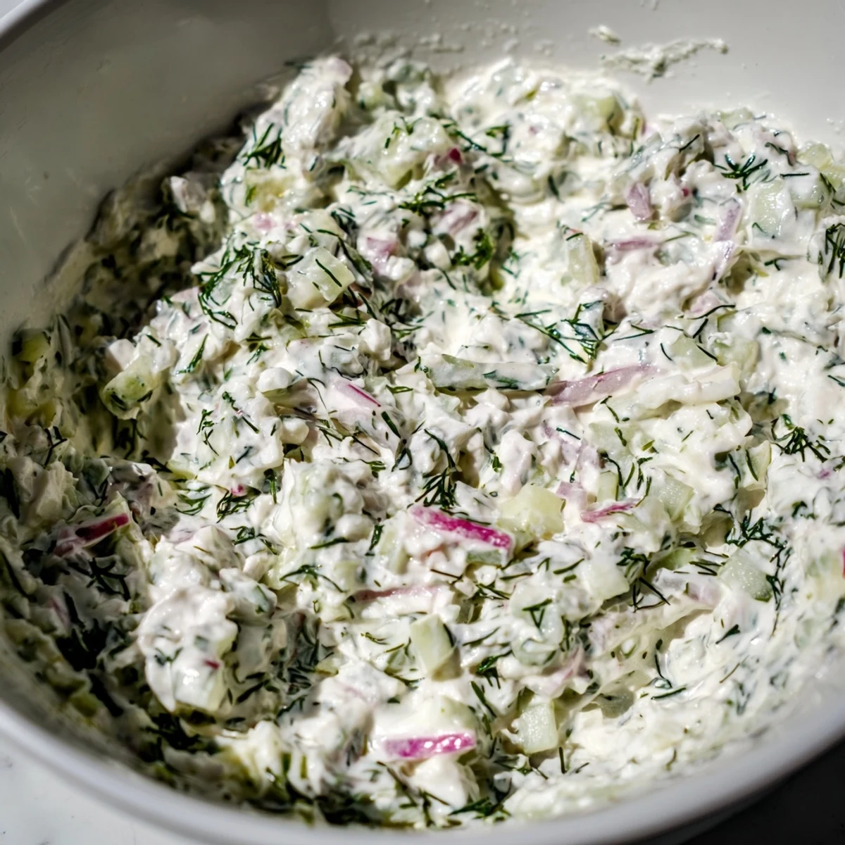 Bowl of healthy radish tzatziki dip featuring grated radishes, cucumber, and Greek yogurt with herb garnish