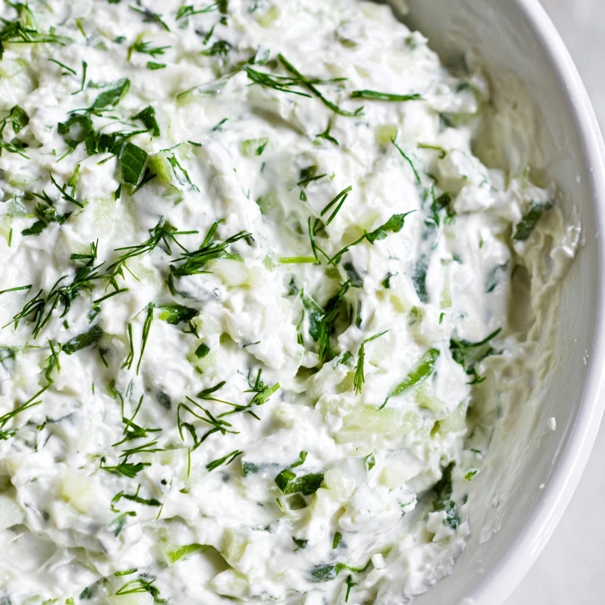 Creamy healthy radish tzatziki dip topped with fresh dill and served with crisp vegetable crudités