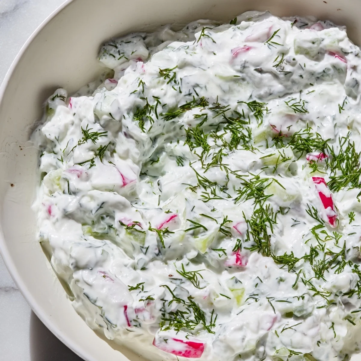 Healthy radish tzatziki dip drizzled with olive oil alongside sliced pita bread and fresh cucumber rounds