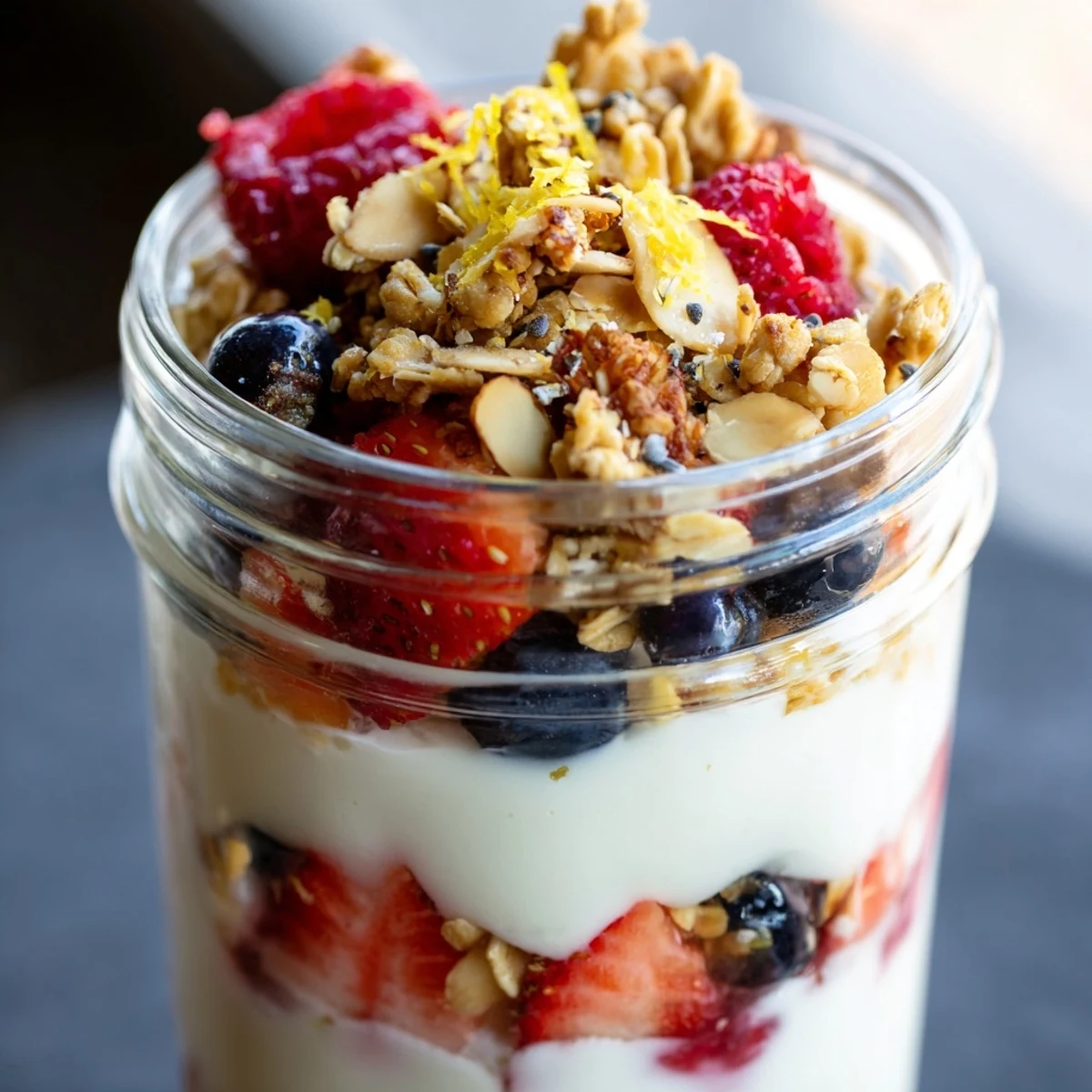 Creamy Greek yogurt parfait layered with fresh berries and crunchy granola in a glass