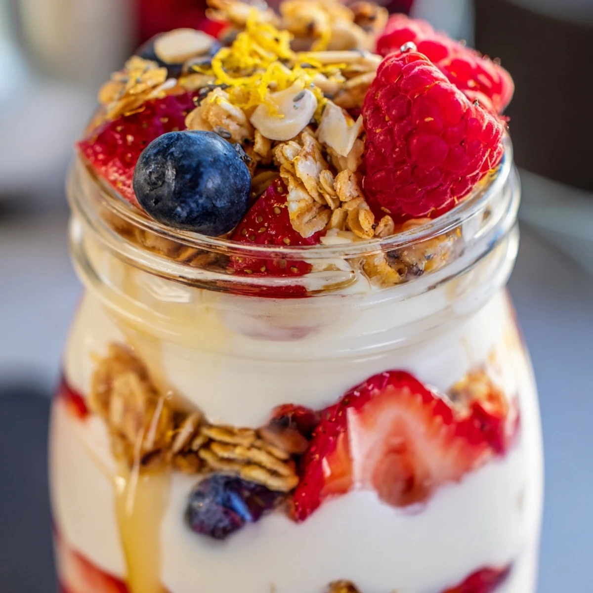 Greek yogurt parfait topped with vibrant mixed berries and honey drizzle close-up