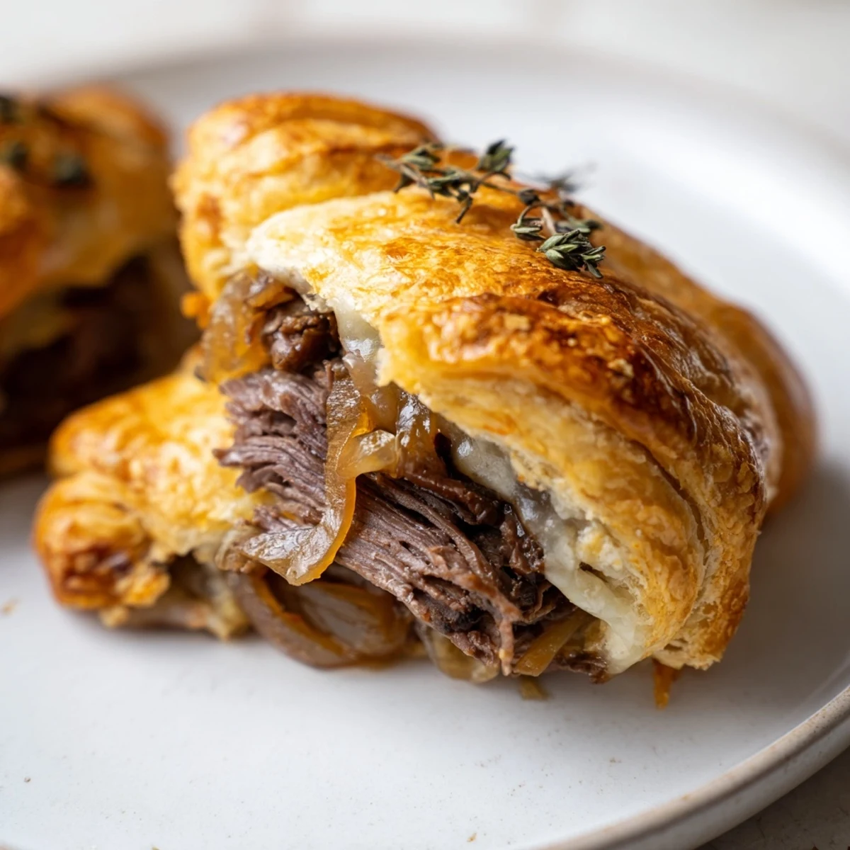 Golden beef and cheese French dip roll ups served with savory au jus dipping sauce on a rustic plate