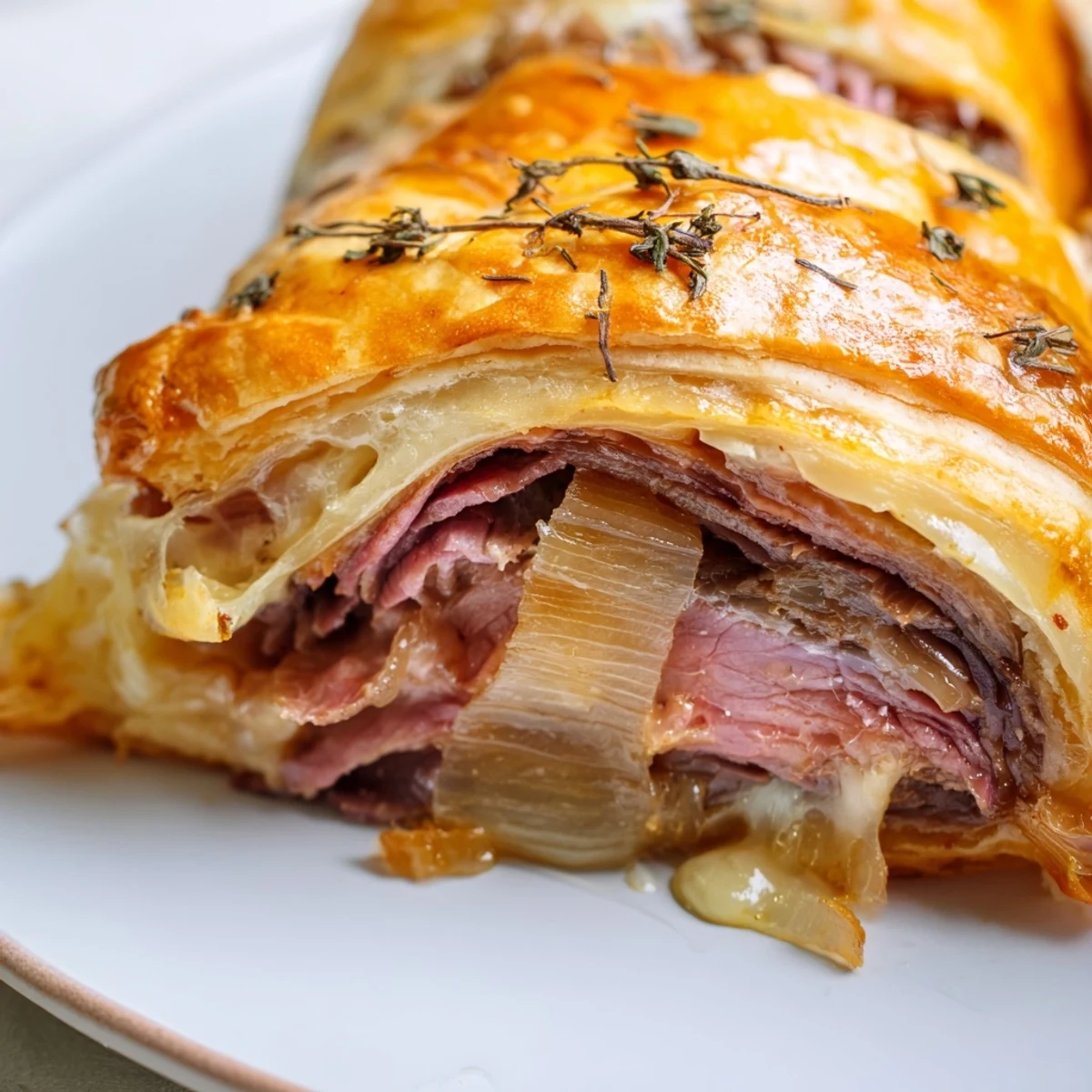 Tender roast beef and cheese French dip roll ups arranged on a platter beside warm dipping broth
