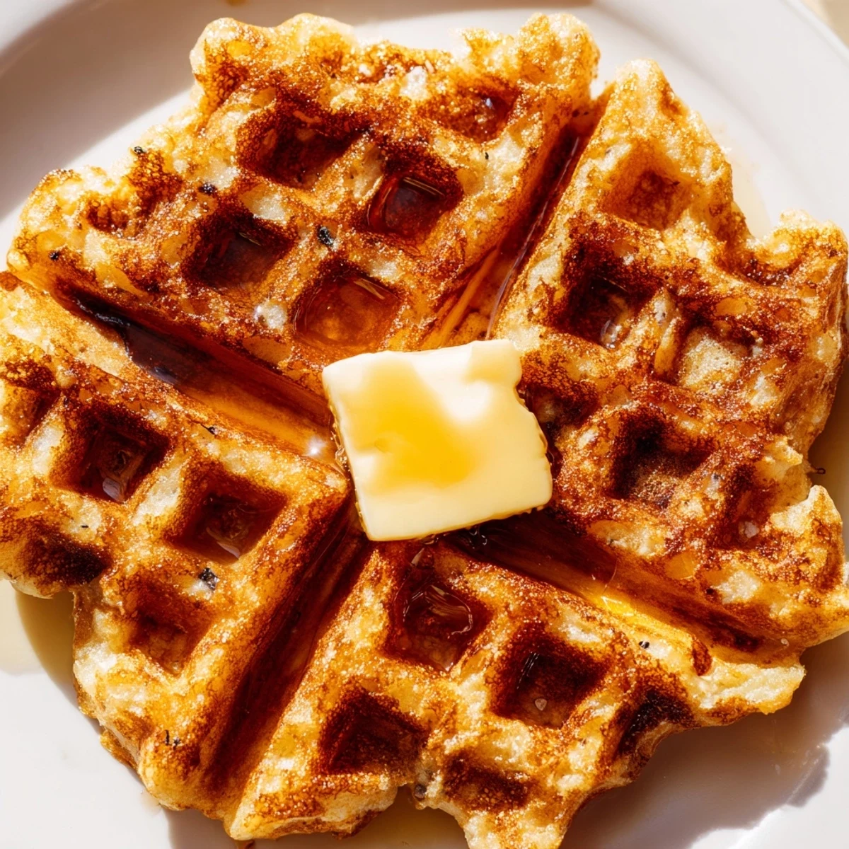 Golden brown Greek yogurt waffles topped with fresh berries and a drizzle of honey