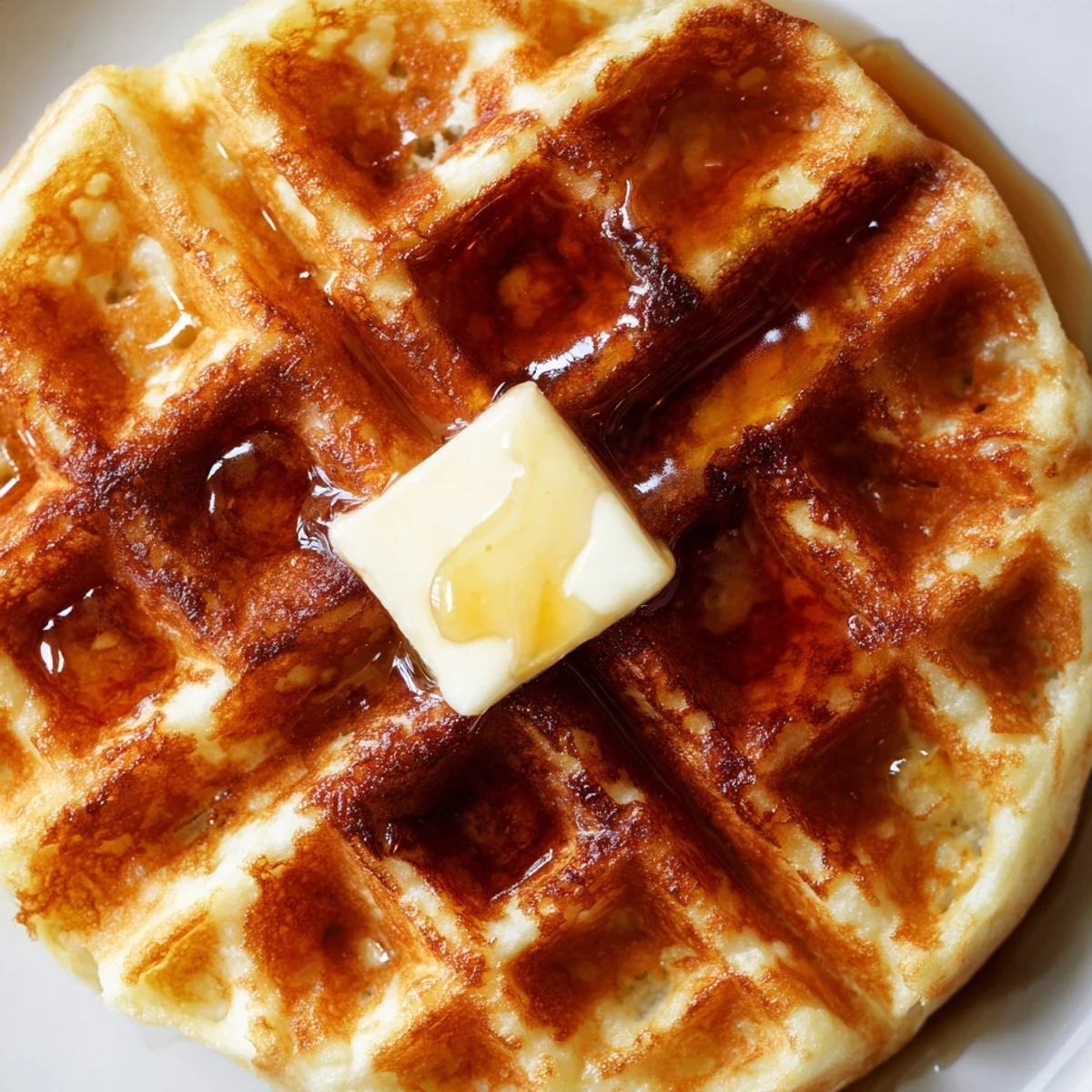 Crisp Greek yogurt waffles on a white plate dusted with powdered sugar