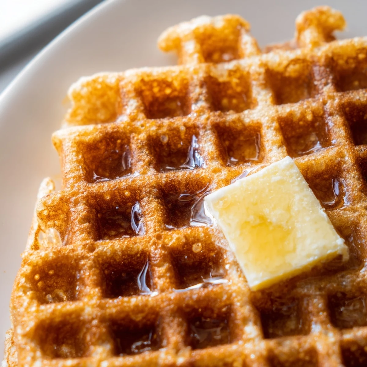 Fluffy Greek yogurt waffles served warm with maple syrup and sliced strawberries on top