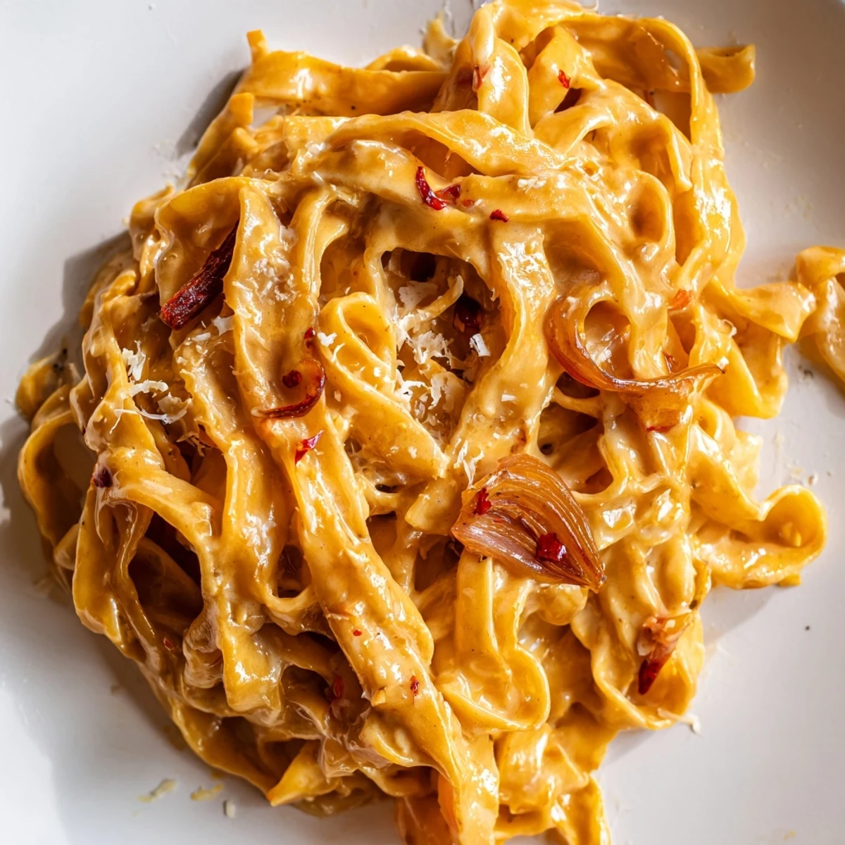 Creamy Sweet Heat Caramelized Onion Fettuccine topped with fresh parsley and Parmesan cheese