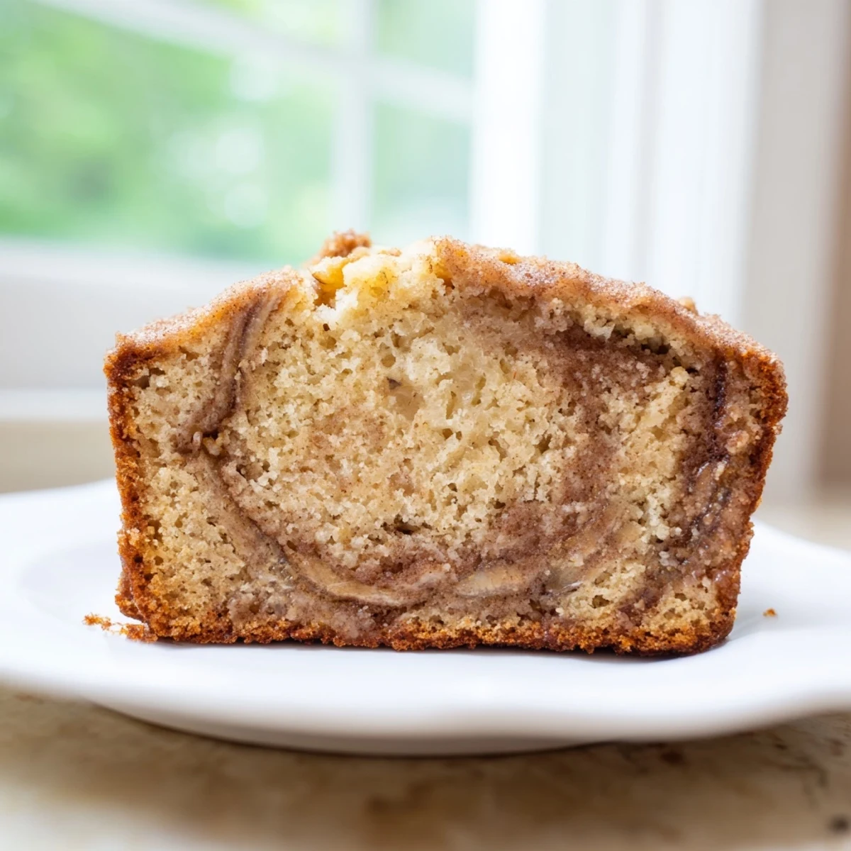 Golden cinnamon sugar swirl banana bread with ribbons of spiced marbling throughout tender crumb