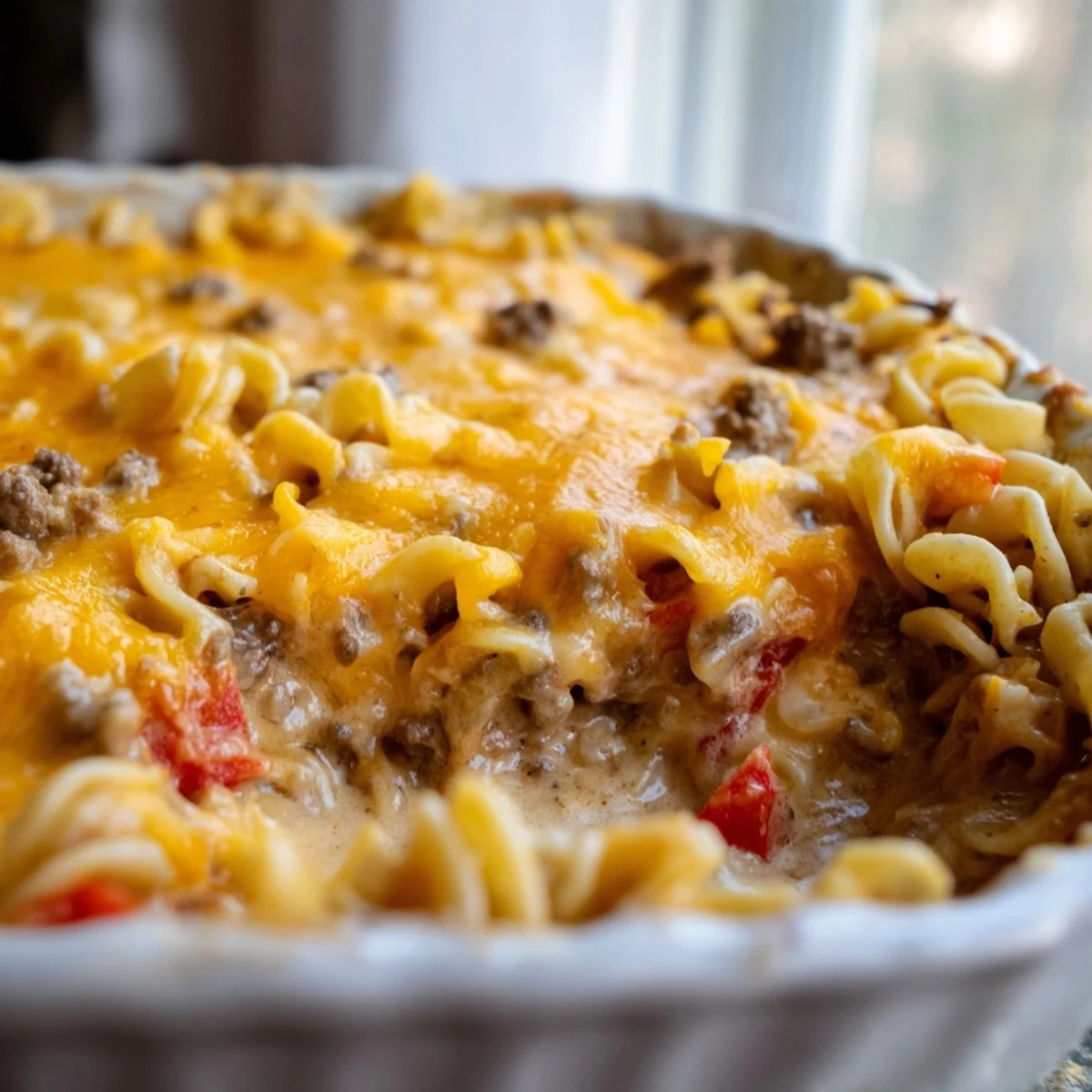 Golden bubbly cheesy beef and noodle casserole fresh from the oven with melted cheddar topping
