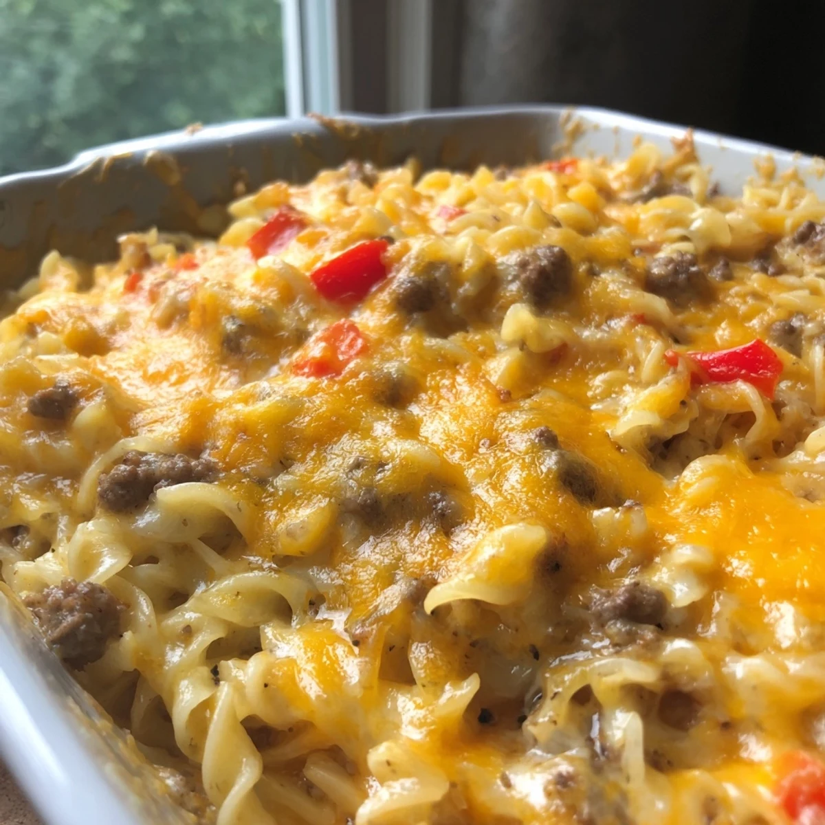 Creamy cheesy beef and noodle casserole with tender egg noodles in a rich savory beef sauce