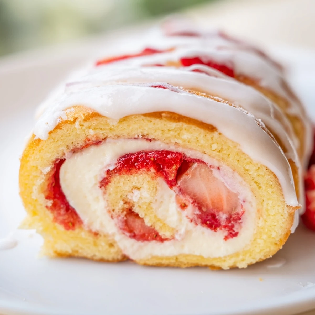 Golden strawberry shortcake cheesecake rolls drizzled with sweet vanilla glaze on a white plate