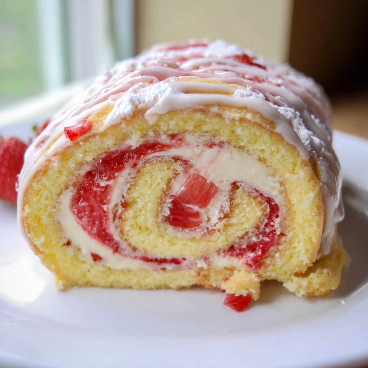 Soft baked rolls swirled with creamy cheesecake filling and bright red fresh strawberry layers