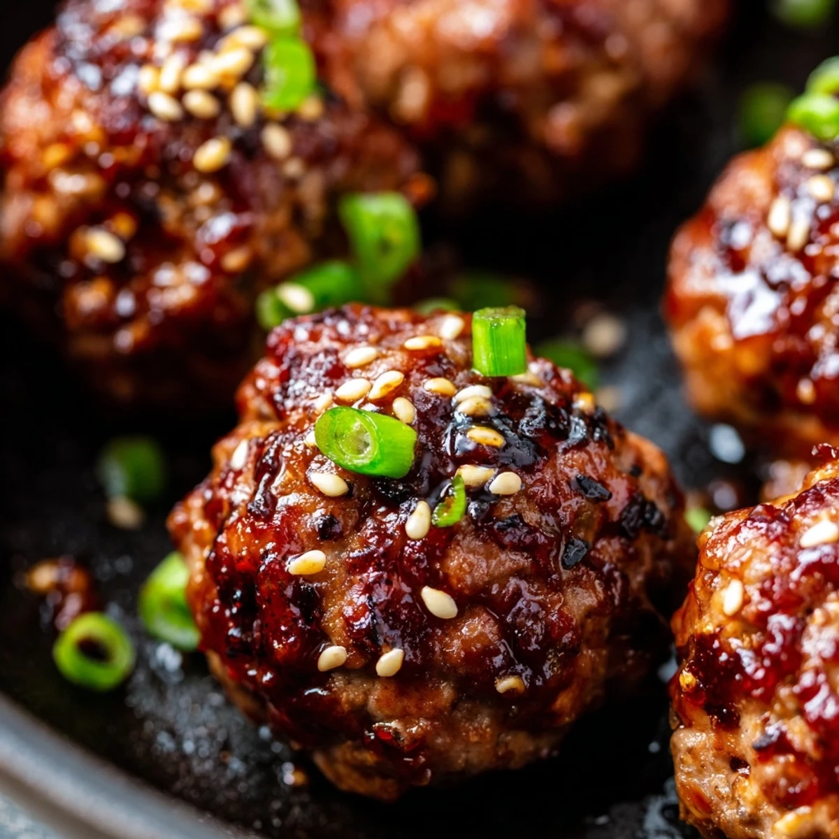 Golden Korean BBQ meatballs topped with sesame seeds and green onions on a white platter