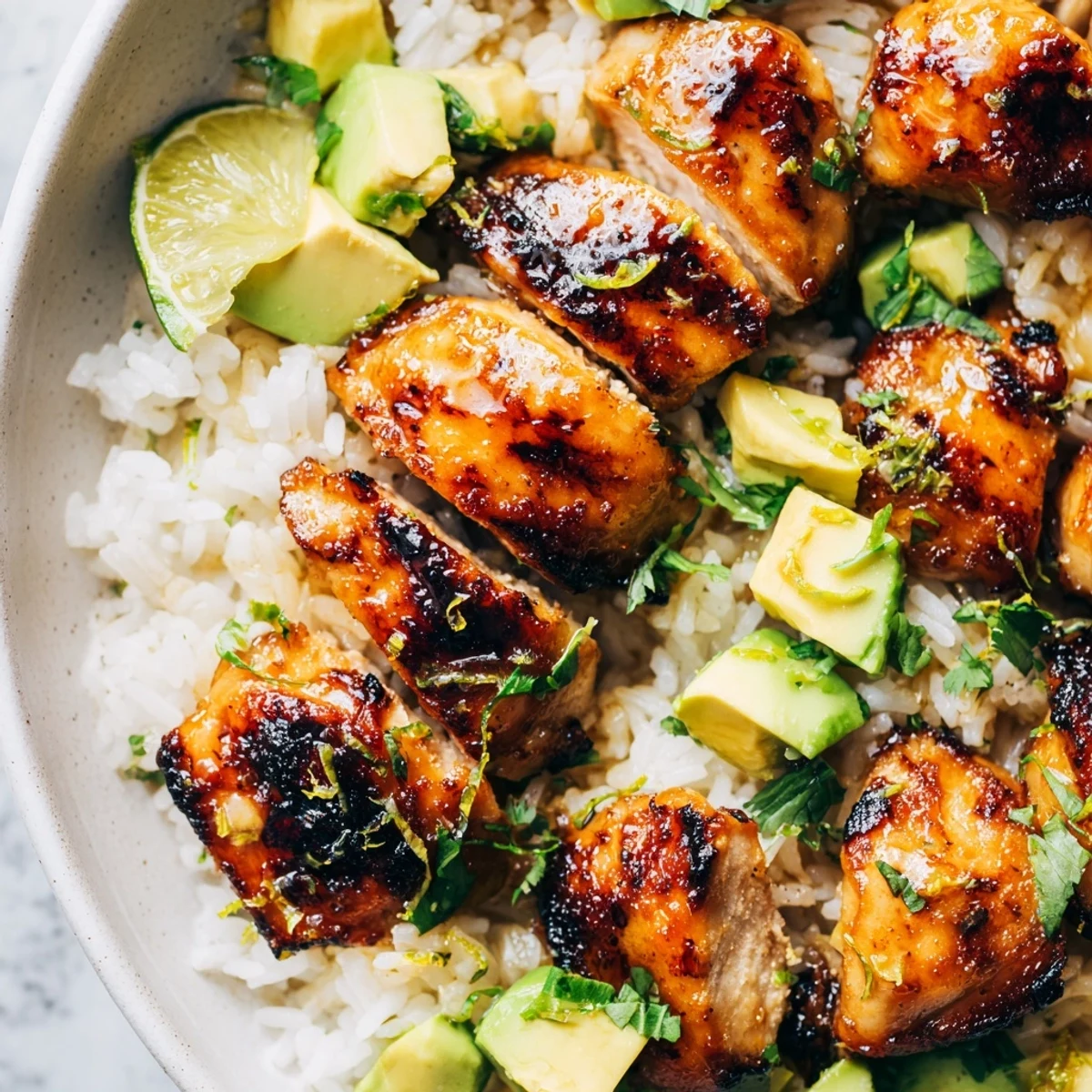 Golden honey lime chicken sliced over creamy avocado rice with fresh cilantro garnish