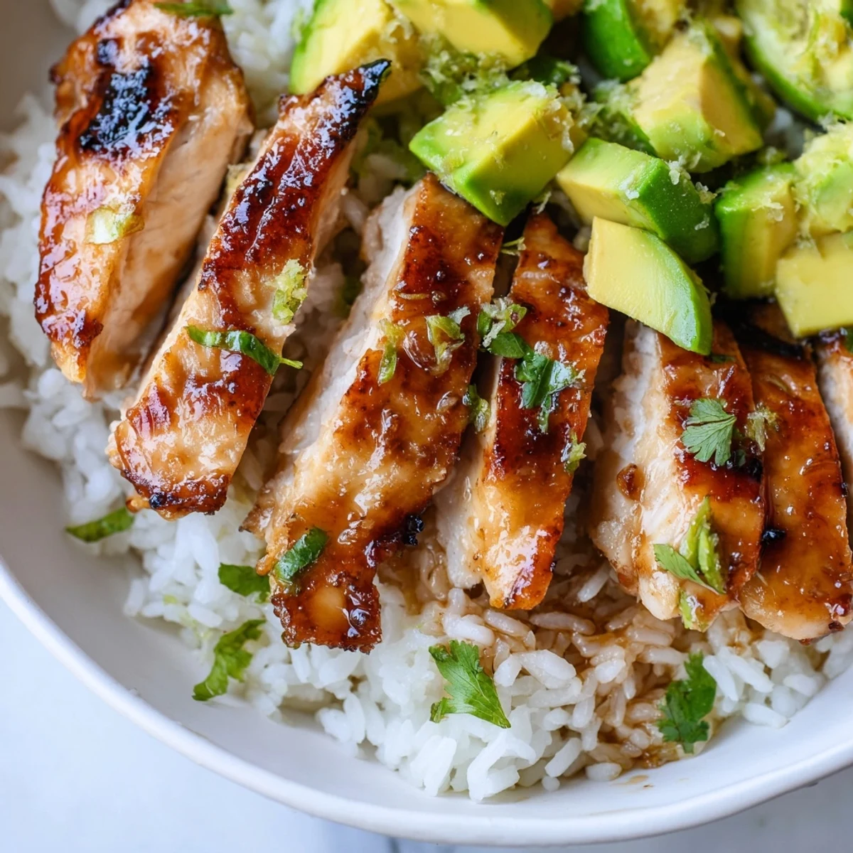 Juicy glazed honey lime chicken served alongside fluffy green avocado rice on white plate