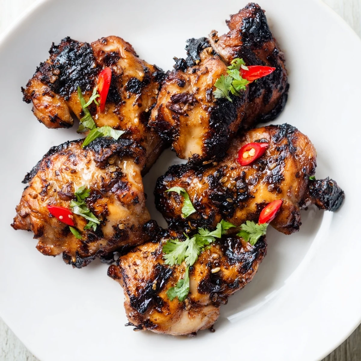 Grilled Vietnamese chicken with charred edges served on a white plate with fresh cilantro and lime wedges