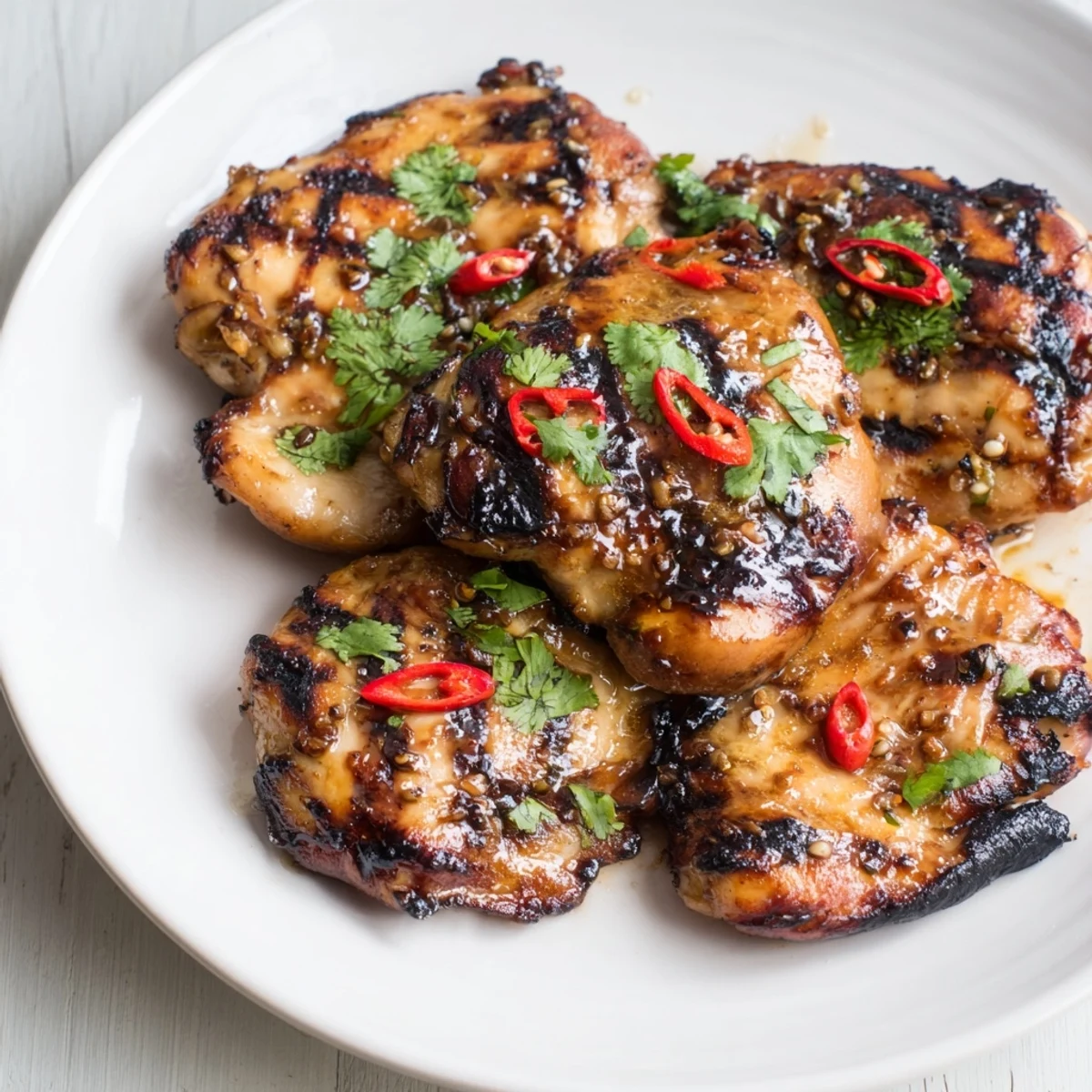 Juicy Grilled Vietnamese chicken sliced and garnished with cucumber rounds and bright green herbs for serving