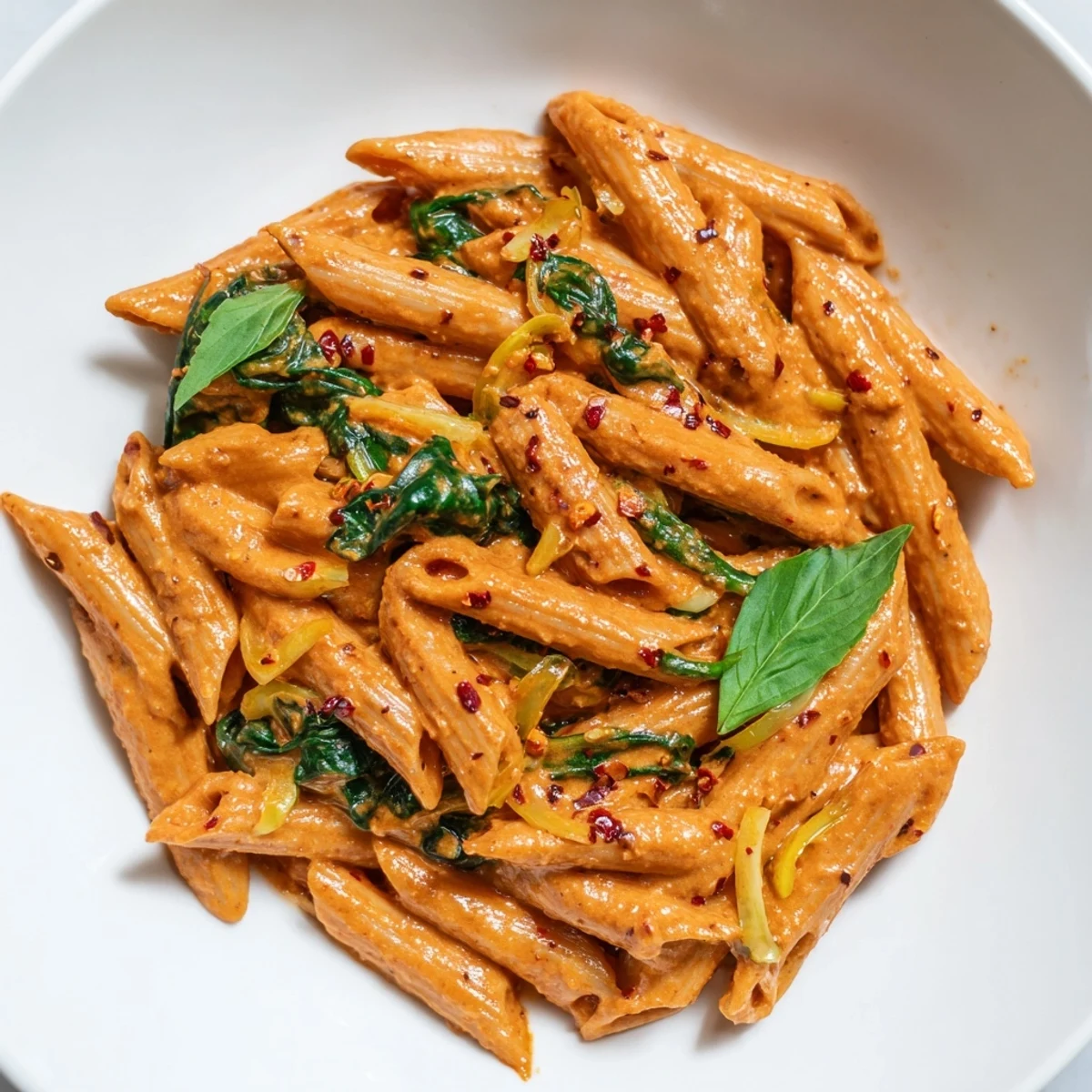 Creamy sun dried tomato vegan pasta topped with fresh basil leaves on white plate