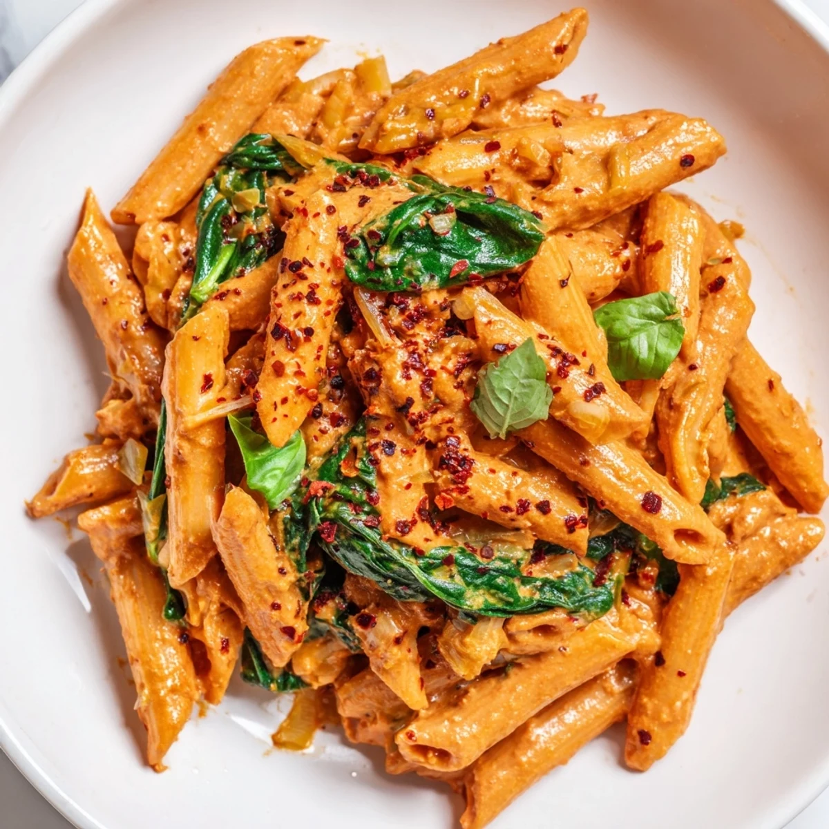 Golden creamy sun dried tomato vegan pasta in skillet with wilted spinach and garnish