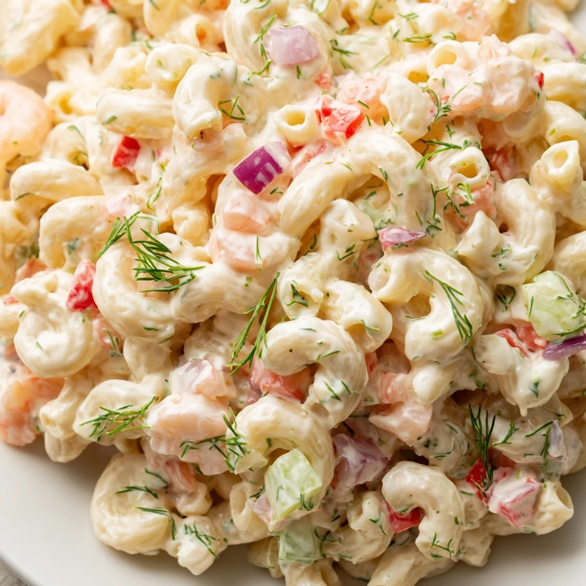 Creamy shrimp macaroni salad in a white bowl with tender pink shrimp and crisp colorful vegetables