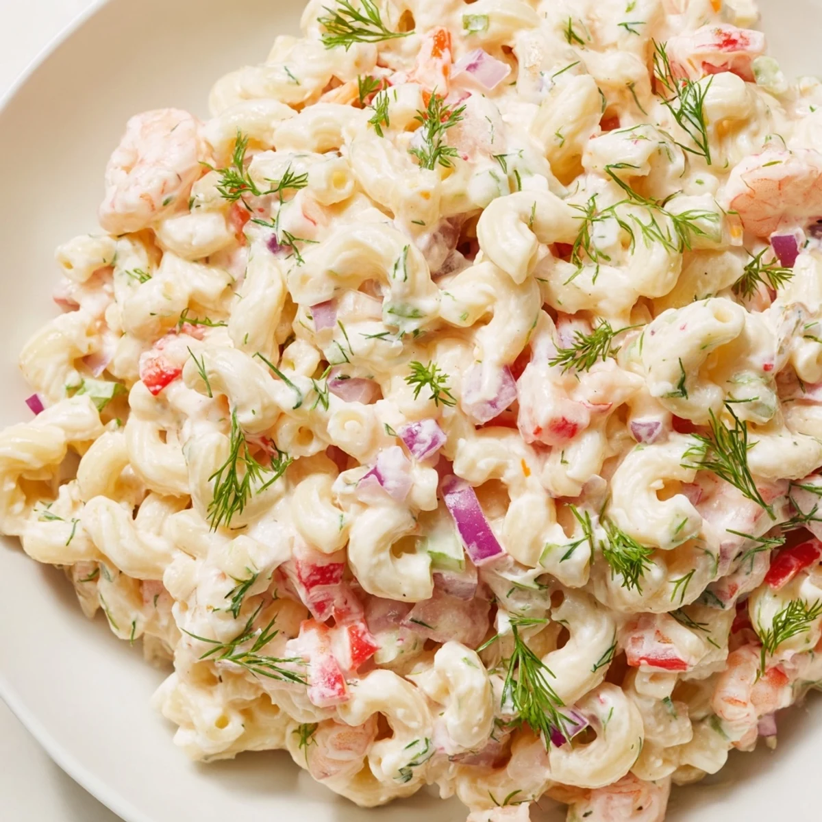 Chilled shrimp macaroni salad topped with fresh dill and served on a rustic wooden table