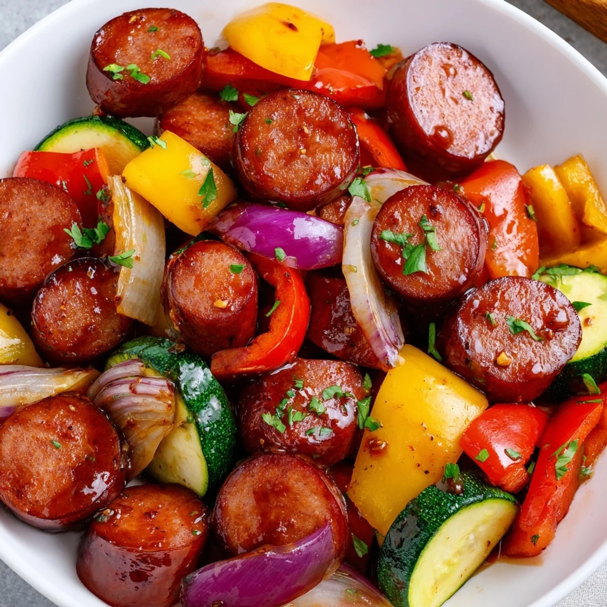 Honey garlic kielbasa veggies sizzle in a cast iron skillet with glossy sauce