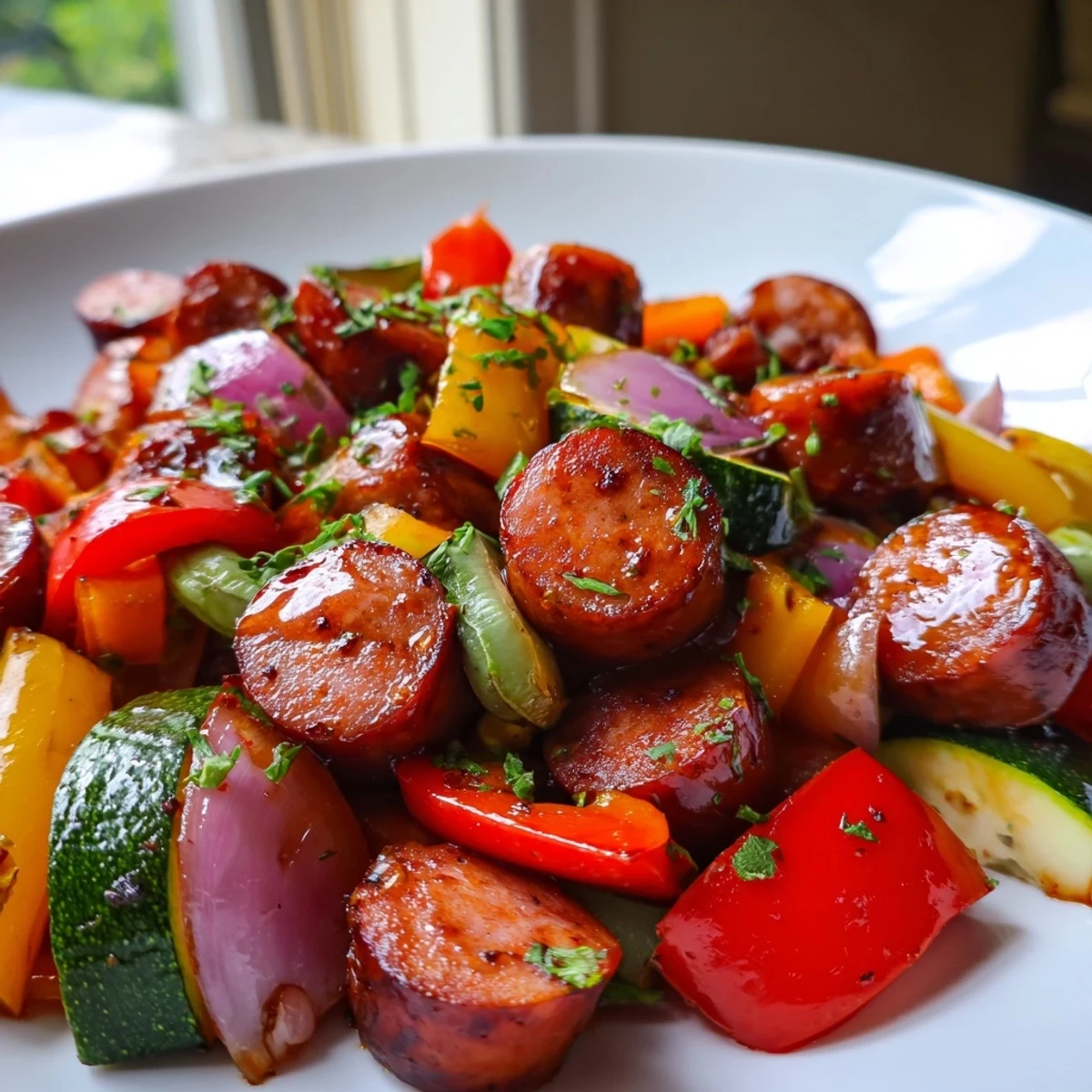 Colorful bell peppers and sliced sausage coated in sticky honey garlic glaze