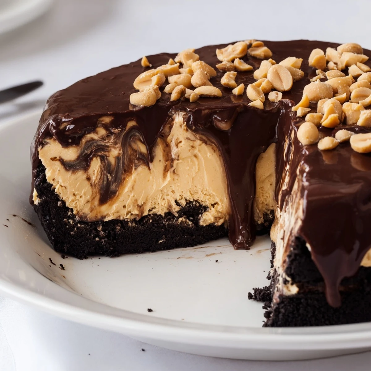 Creamy no bake peanut butter pie with chocolate ganache drizzle on cookie crust