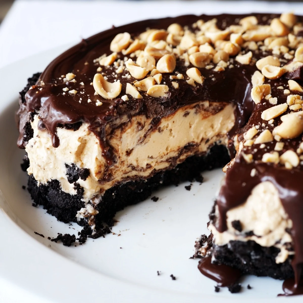 Silky no bake peanut butter pie slice topped with chopped peanuts and chocolate
