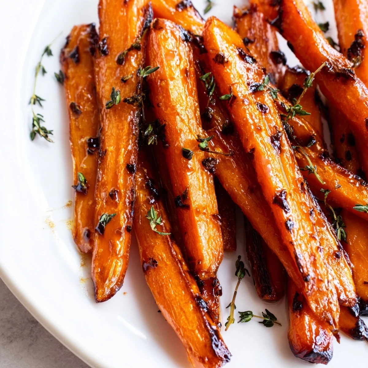 Golden honey roasted carrots glistening with caramelized edges on a rustic serving platter