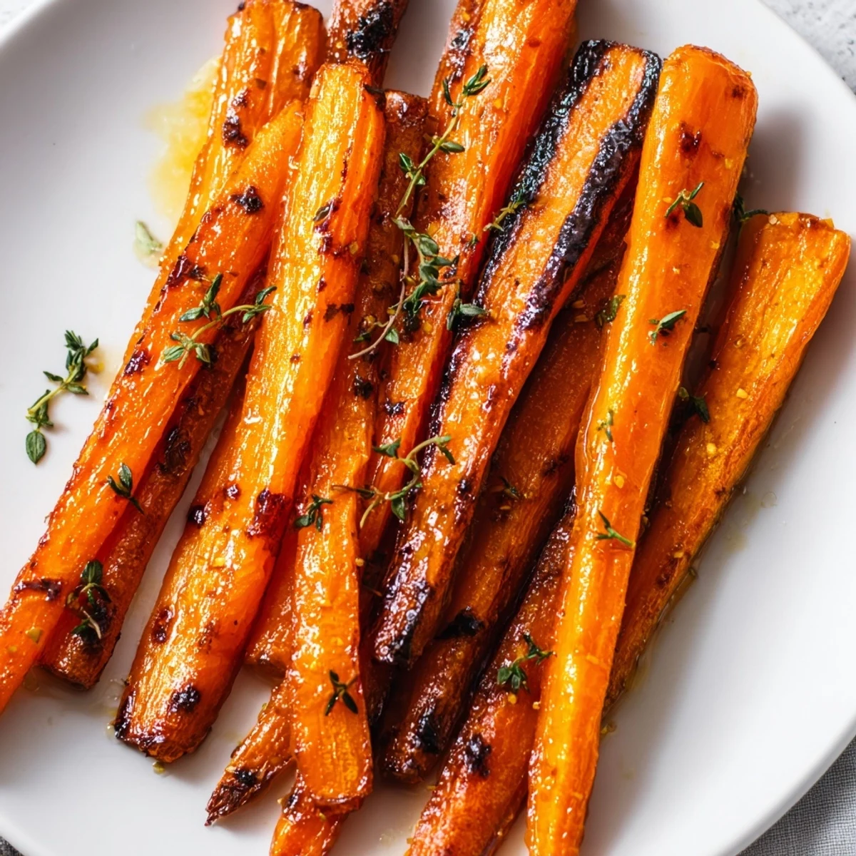 Tender honey roasted carrots topped with fresh herbs in a white ceramic dish
