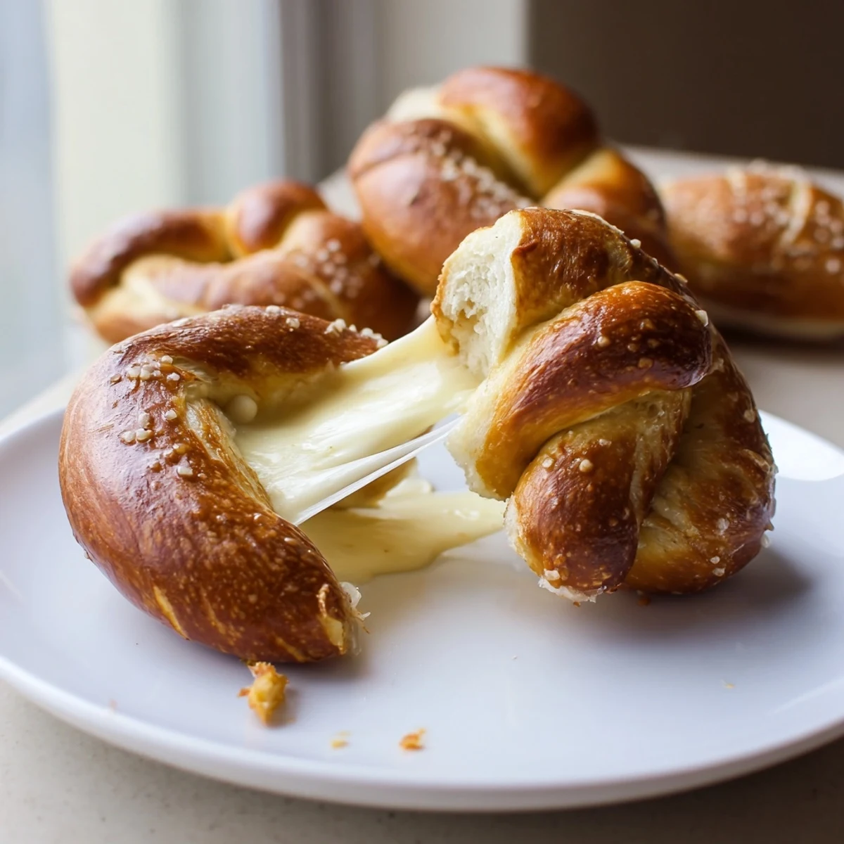 Golden mozzarella stuffed soft pretzels with coarse salt sprinkled on top served warm