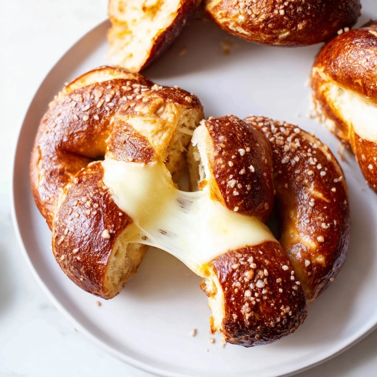 Cheesy mozzarella stuffed soft pretzels twisted into classic shapes with bubbling melted cheese inside