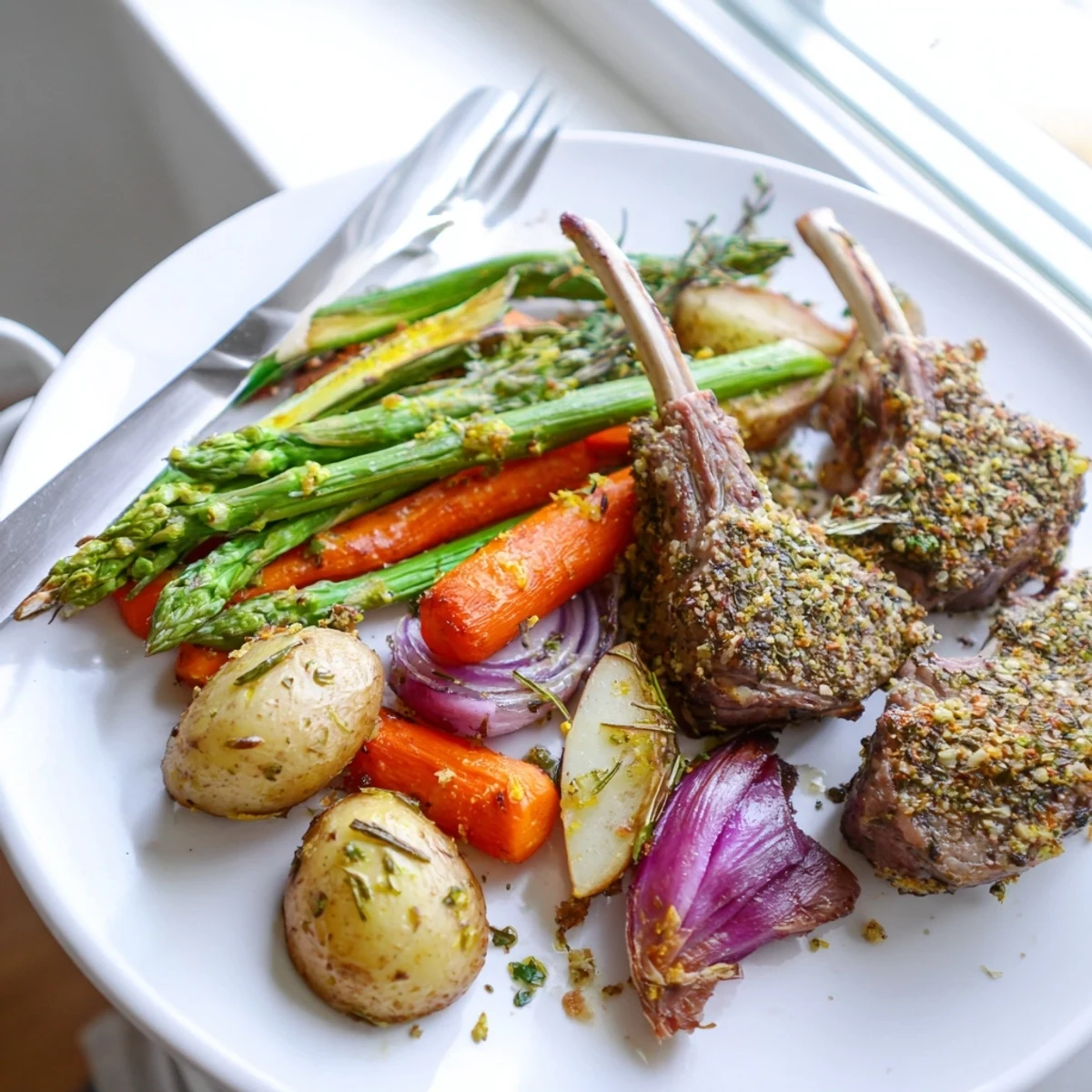 Herb-crusted lamb chops and roasted vegetables arranged on a glistening Easter dinner sheet pan