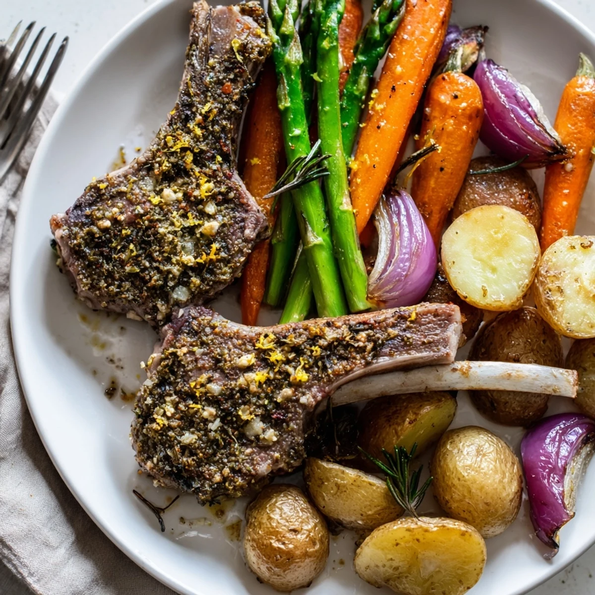 Golden roasted carrots potatoes and asparagus surround juicy lamb chops on Easter dinner sheet pan