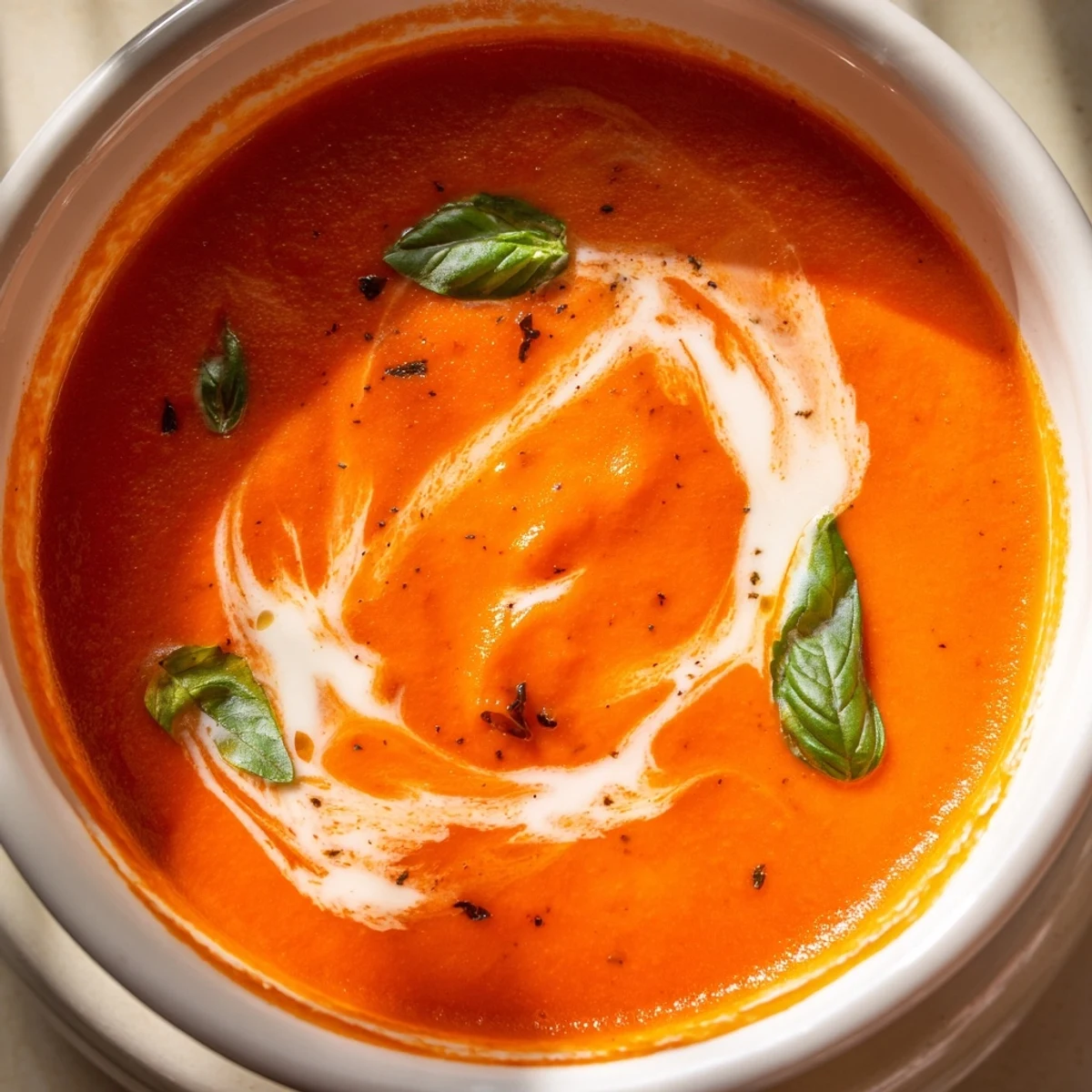 Smoky fire roasted tomato soup ladled into a rustic bowl with fresh basil garnish and crusty bread