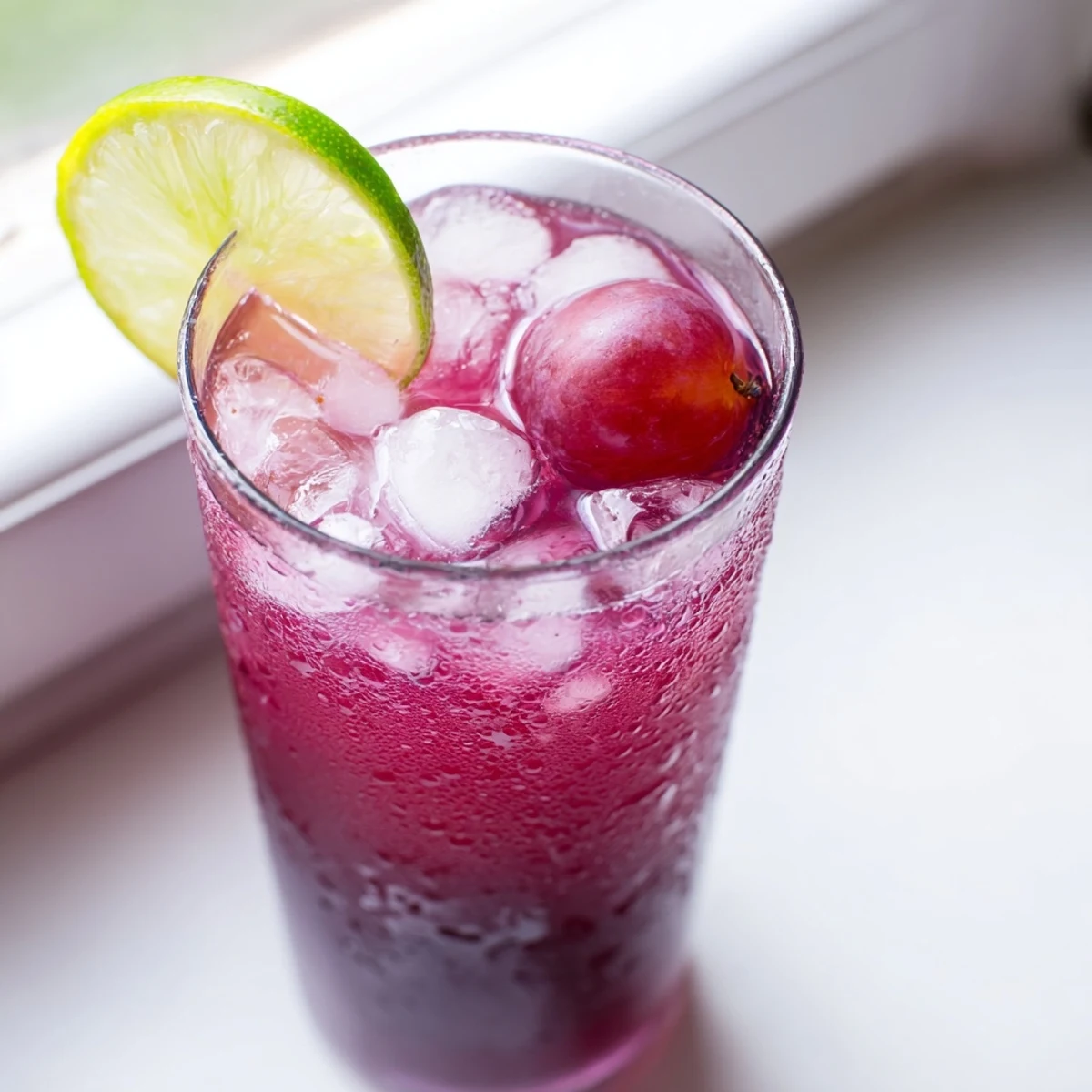 Refreshing Grape Agua Fresca in tall glasses topped with whole red grapes