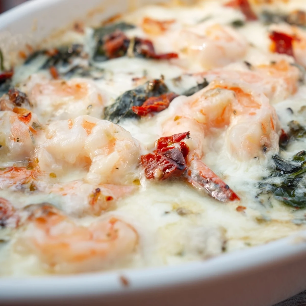 Creamy Low Carb Shrimp Tuscan Bake bubbling with melted mozzarella and vibrant spinach