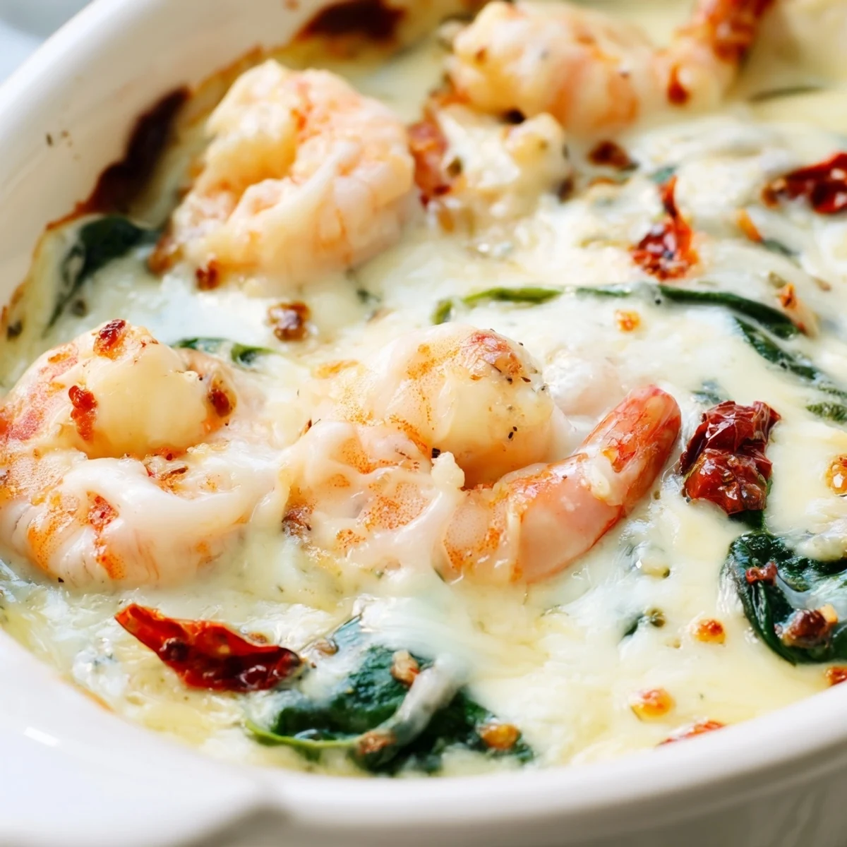 Golden baked Low Carb Shrimp Tuscan Bake topped with melted cheese and herbs