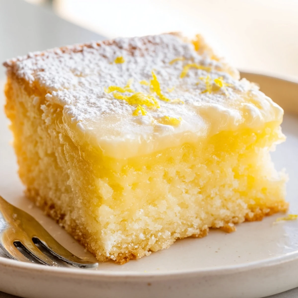 Warm Lemon Gooey Butter cake fresh from the oven with golden edges and soft custard center