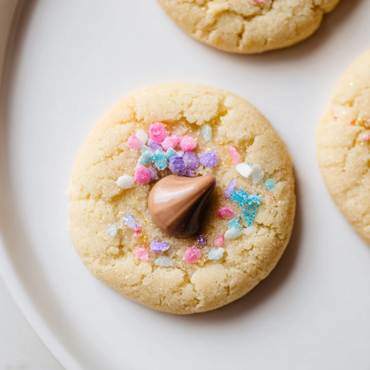 Soft Easter Blossom Cookies topped with colorful chocolate kisses and pastel sprinkles on a rustic baking sheet.