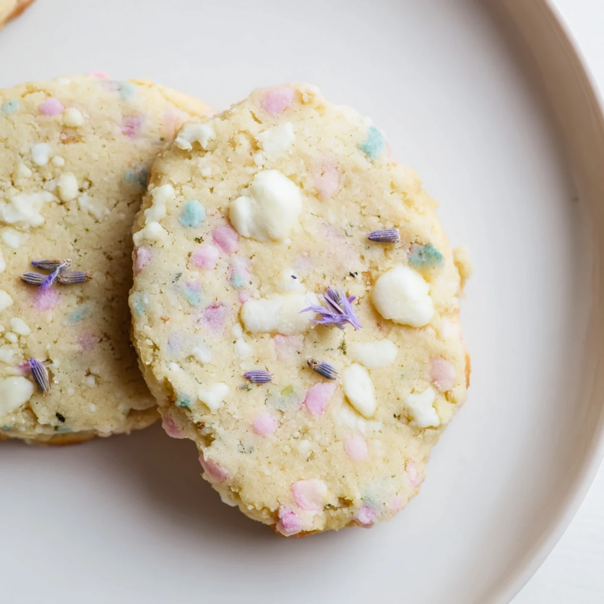 Soft Spring Blossom Cookies topped with pastel sprinkles on a rustic white ceramic plate