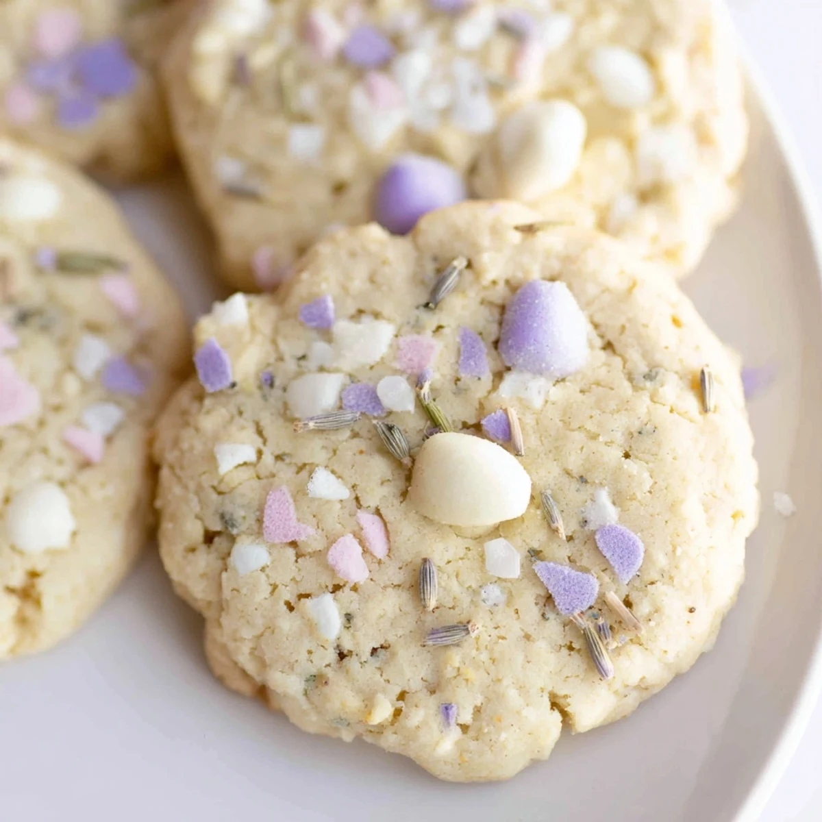 Golden-edged Spring Blossom Cookies cooling on wire rack with colorful candy-coated chocolate chips