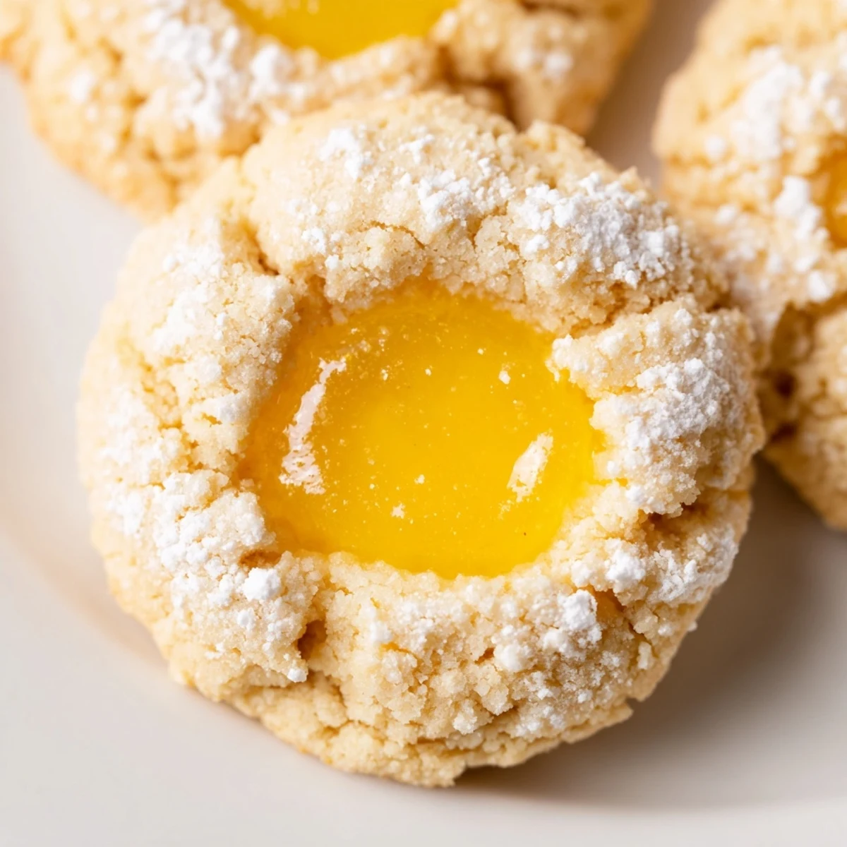 Buttery lemon curd cookies dusted with powdered sugar arranged on rustic parchment
