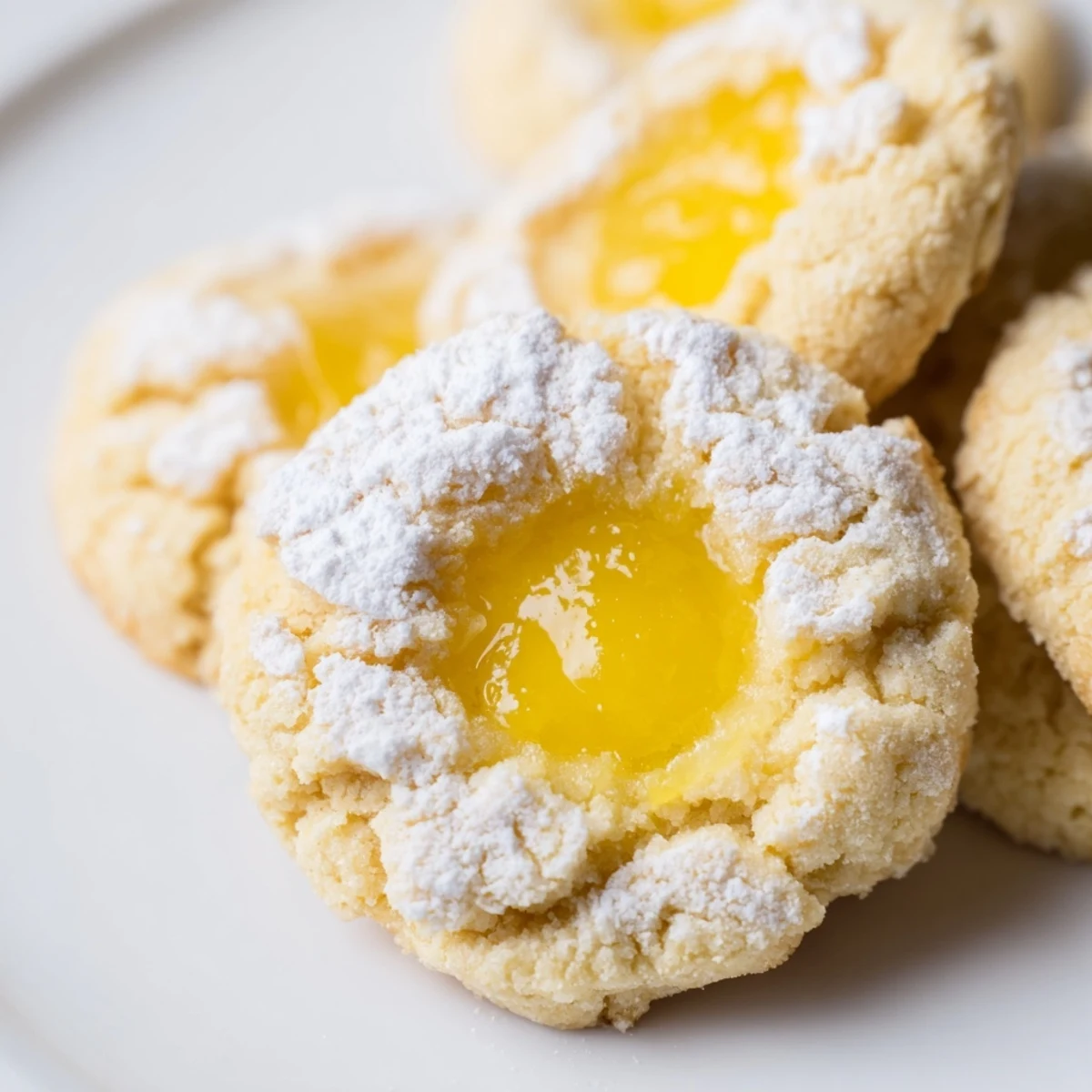 Golden lemon curd cookies with bright yellow filling on a white ceramic plate