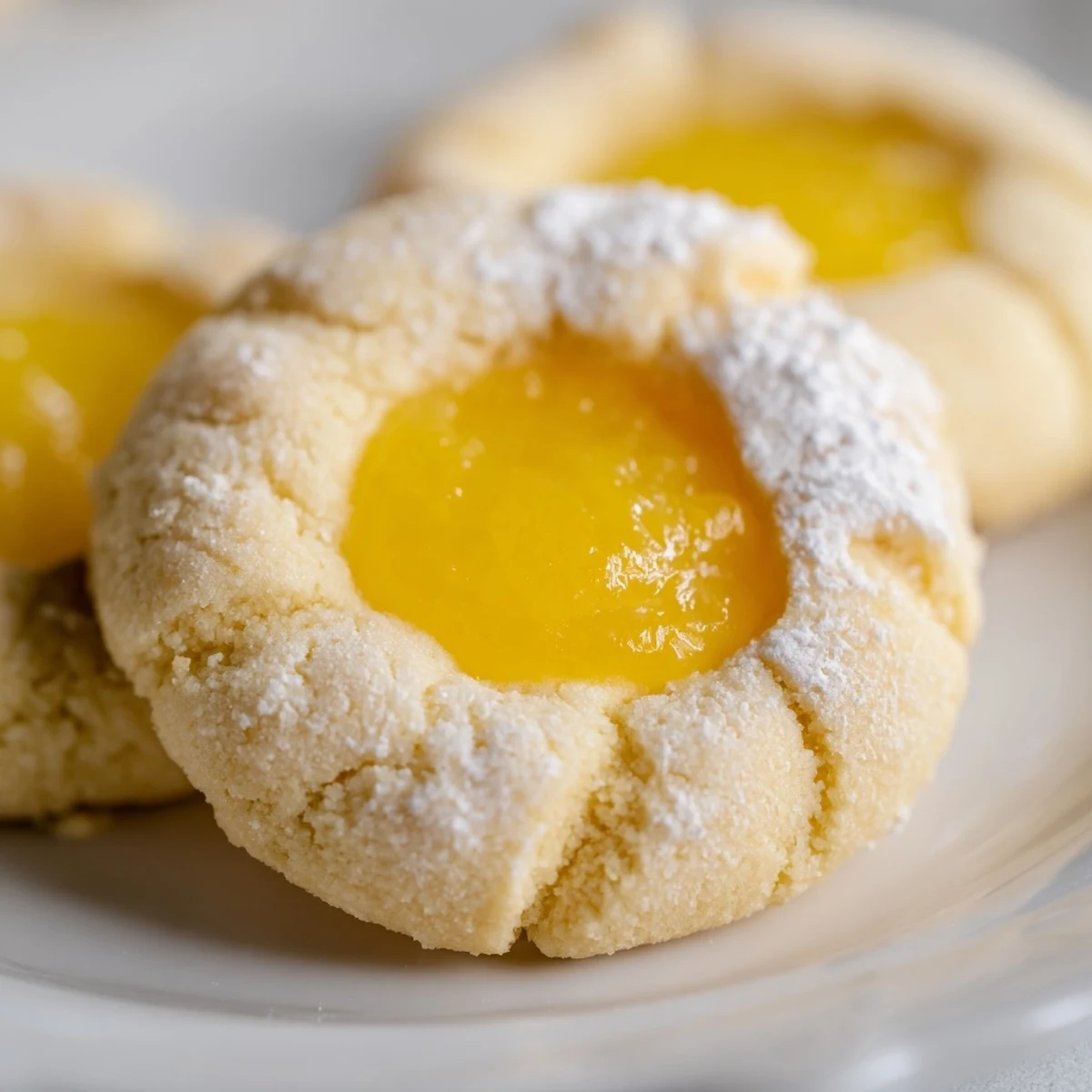 Thumbprint lemon curd cookies with jammy centers fresh from the oven baking sheet