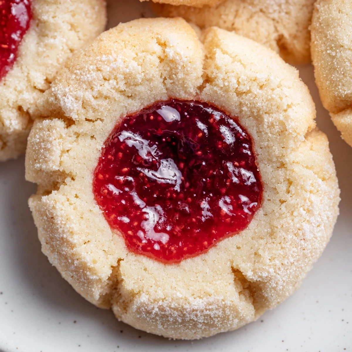 Golden Flower Jam Thumbprint Cookies with jewel-like centers on a rustic white plate