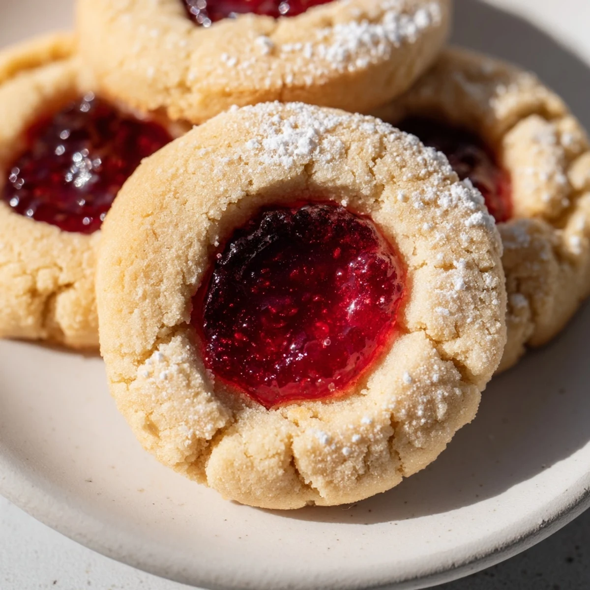 Buttery Flower Jam Thumbprint Cookies topped with fragrant rose filling and powdered sugar dusting