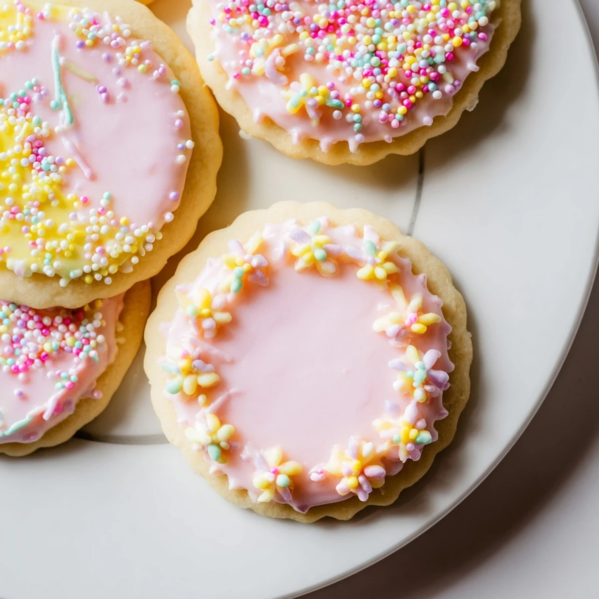 Soft Spring Easter cookies with pastel pink and yellow icing arranged on a rustic white plate