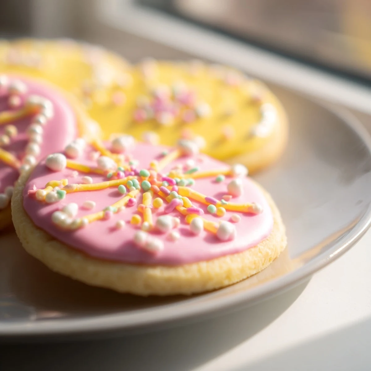 Butterey Spring Easter cookies decorated with smooth royal icing and colorful Easter-themed sprinkles